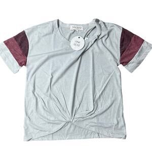 Pink Rose Juniors' Striped-Sleeve Grey Twist-Front T-Shirt - Size Large - NWT